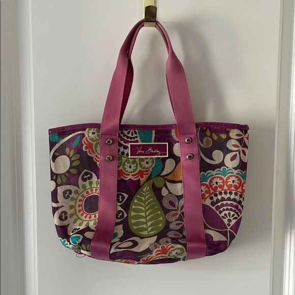 Vera Bradley Plum Crazy Purple and Multicolor Mesh Beach Floral Tote - Picture 1 of 7